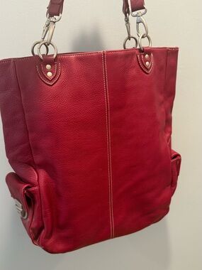 Women's italian Red Leather Tote Bag with Double Handles, inner and outer pocket